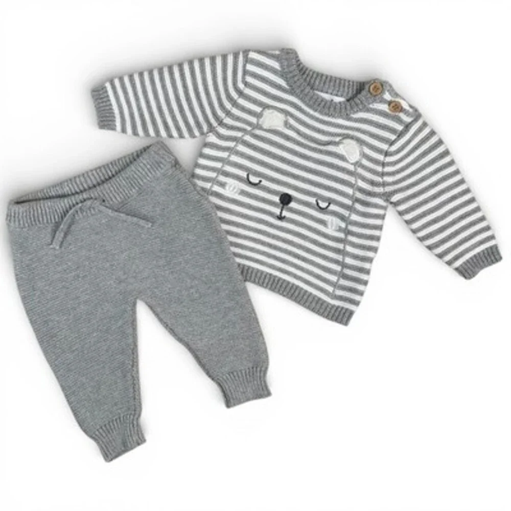 Rene Rofe Baby 2 Piece Knit Sweater and Jogger Set Grey‎ White Bear 0-3 Months